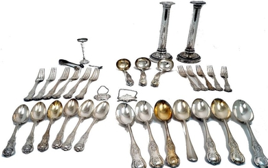 A group of silver plate, comprising: a pair of white metal candlesticks, of column form, 23.7cm high; a small silver plated vase with flared rim, 10cm high; port and claret decanters; and a quantity of silver plated King's pattern cutlery (lot)