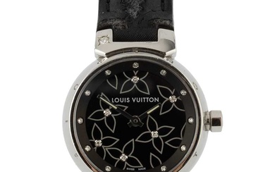 A lady's steel and diamond 'Tambour' wristwatch by Louis Vuitton,...