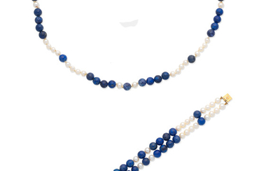 A lapis lazuli and cultured pearl necklace and bracelet