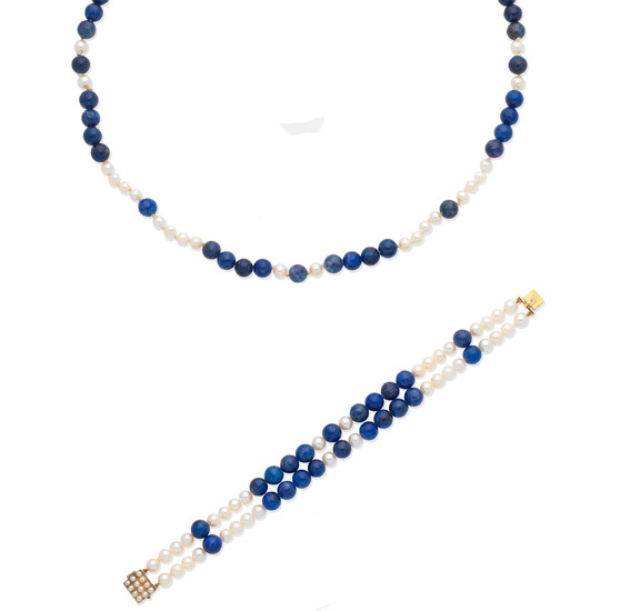 A lapis lazuli and cultured pearl necklace and bracelet