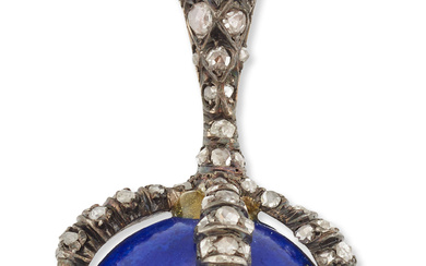 A lapis lazuli and diamond claw brooch, the rose-cut diamond...
