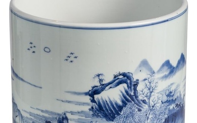 A large Chinese blue and white brush pot with mountain and river scene, probably 19th/20th century