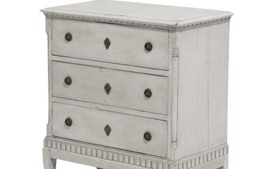 A late 18th century grey painted Louis XVI chest of drawers, front with three drawers flanked by quater columns. H. 83. W. 77. D. 41 cm.