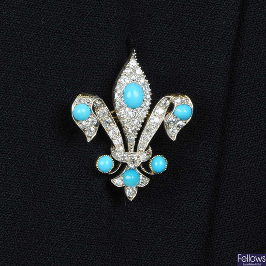A late 19th century silver and gold, turquoise and old-cut diamond fleur-de-lis brooch.