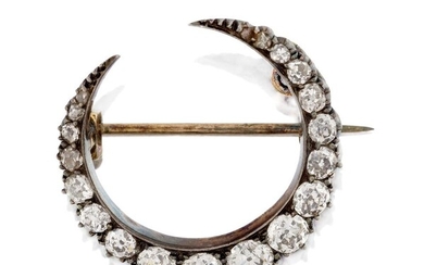 A late Victorian diamond crescent brooch, designed as a graduated line of old-brilliant-cut diamonds, set in silver and gold, c.1880, approx. width 2.4cm, in fitted case