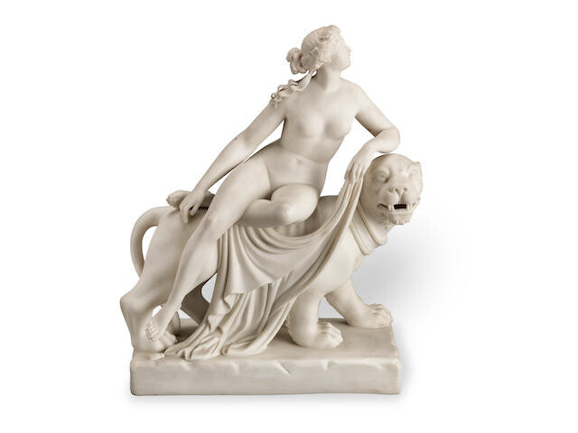 A mid 19th century English 'Parian' biscuit glazed porcelain figural group of 'Ariadne & the Panther' after the original model by Johann Heinrich von Dannecker (German, 1758-1841), and the Minton version modelled by John Bell (British, 1811-1898)