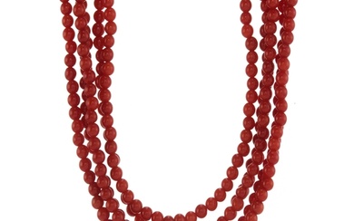 A mid 20th century coral multi-row necklace, with coral cabo...