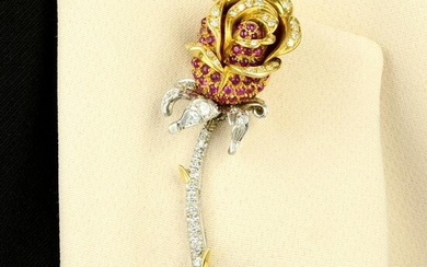 A mid 20th century ruby and diamond rose brooch.