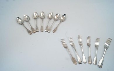 A mixed quantity of Georgian and Victorian silver flatware, of various dates and makers, to include: five George IV dessert spoons, London, 1822, John Hawkins, fiddle pattern; a George III dessert spoon, London, 1817, William Eley & William Fearn;...