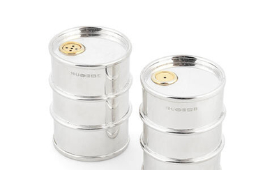 A novelty pair of silver 'oil drum' salt and pepper shakers