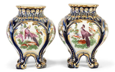 A pair of Chelsea porcelain mazarine-blue-ground pot-pourri vases, c.1760-65, gold anchor mark...
