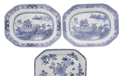 A pair of Chinese blue and white octagonal dishes and one si...