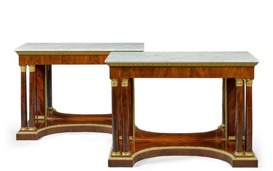 A pair of Continental mahogany and giltwood console tables, Italian...