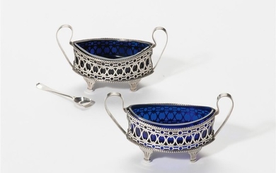 A pair of Dutch silver navette-shaped salts and...
