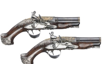 A pair of French silver-mounted flintlock pocket pistols, ca. 1760