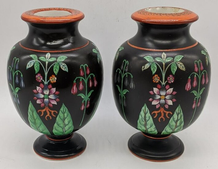 A pair of Victorian porcelain black ground vases floral