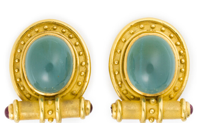A pair of aquamarine, pink tourmaline and eighteen karat gold pendant earrings