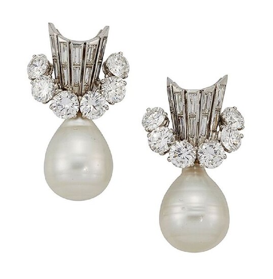 A pair of cultured pearl and diamond earrings,...