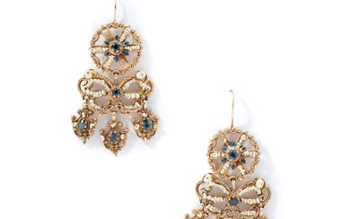 A pair of early 20th century sapphire and seed pearl girandole earrings