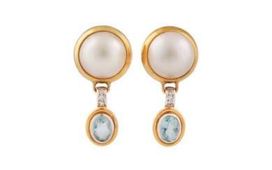 A pair of mabé pearl, diamond and aquamarine earrings