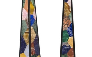 A pair of modern Italian pietra dura obelisks, inlaid with various stones including lapis lazuli, malachite, banded agate, rose quartz and tiger's eye, one with maker's label R. Romanelli, Florence, 41cm high (2) Provenance: The Geoffrey and Fay...