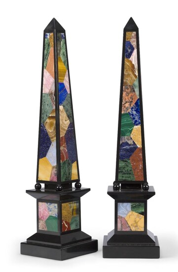 A pair of modern Italian pietra dura obelisks, inlaid with various stones including lapis lazuli, malachite, banded agate, rose quartz and tiger's eye, one with maker's label R. Romanelli, Florence, 41cm high (2) Provenance: The Geoffrey and Fay...