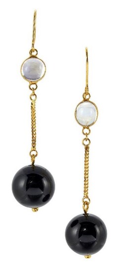 A pair of onyx and moonstone drop...