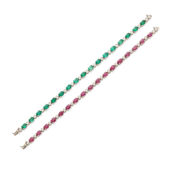 A pair of ruby, emerald and diamond bracelets