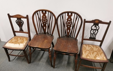 A pair of spindle back oak dining/hall chairs, H. 89cm together with a pair of inlaid mahogany chairs.