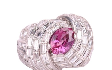 A pink sapphire and diamond cocktail ring of knot design, ci...