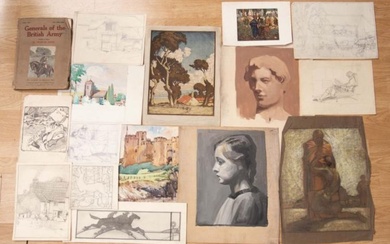 A portfolio containing drawings and paintings by Walter Curtis plus...