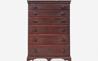 A red-painted pine tall chest, New England, circa 1800