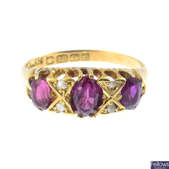 A ruby and diamond dress ring, with 18ct gold replacement band.