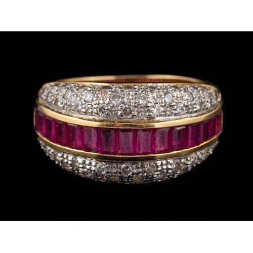 A ruby and diamond ring,: the central row of square cut rubi...