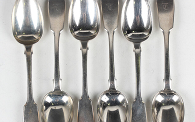 A set of six Victorian silver Fiddle pattern dessert spoons, London 1838 by William Eaton, weight 30