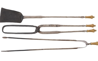 A set of three Louis XVI steel and brass fire tools