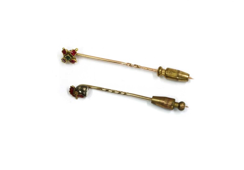 A silver and gold, diamond and enamel cockerel stick pin