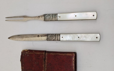 A silver and mother of pearl knife and fork,...