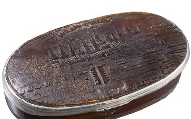 A silver-mounted horn snuffbox showing the view of the city of Rouen, 18th century