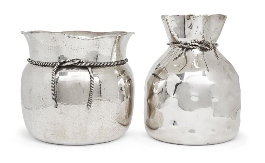 A silver plated banker's sack vase with rope detail, by Almazan, circa 1960, together with another similar silver plated vase by Jobjarr, Almazon vase stamped 'Almazon, Made in Spain, Almazon vase: 25cm high; Jobjarr vase: 21cm high