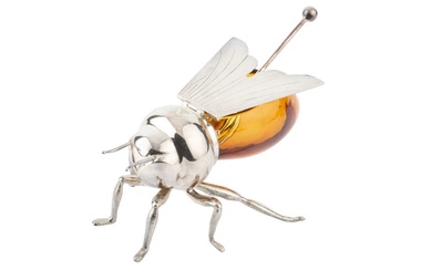 A silver plated novelty honey pot, in the form of...
