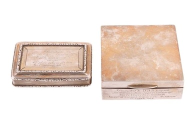 A silver presentation snuff box and a square cigarette box; the snuff box by Francis Clark, Birmingh