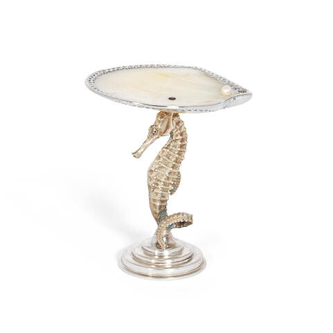 A silver, silver-gilt and mother of pearl sea-horse figural dish