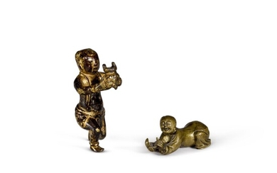 A small bronze figure of a kneeling boy and a small gilt-bronze figure of an adorant Ming dynasty | 明 鎏金銅童子像 及 銅童子像 一組兩件