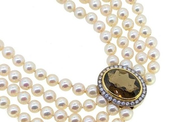 A smoky quartz and diamond set four row pearl choker necklace, four rows of slightly graduated