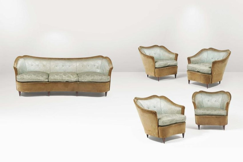 A sofa with four armchairs. Wooden structure and fabric