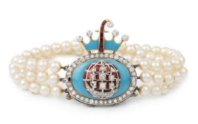 A three strand cultured pearl bracelet with diamond and enamel...