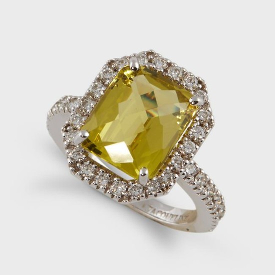 A yellow beryl, diamond, and eighteen karat white gold