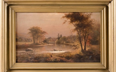 AMERICAN SCHOOL, 19th Century, Haying in the mountains., Oil on canvas, 12" x 20". Framed 19" x 27".