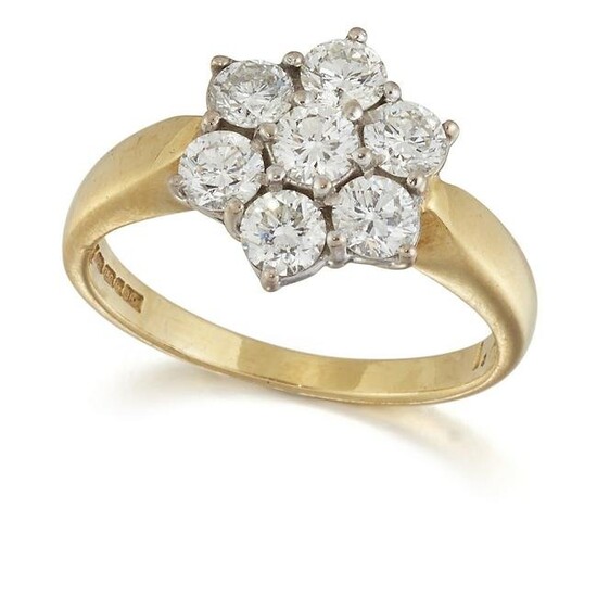 AN 18 CARAT GOLD DIAMOND CLUSTER RING, seven round